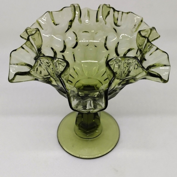 Vintage Fenton Colonial Green Thumbprint Ruffled Crimped Edged Compote - Picture 4 of 12